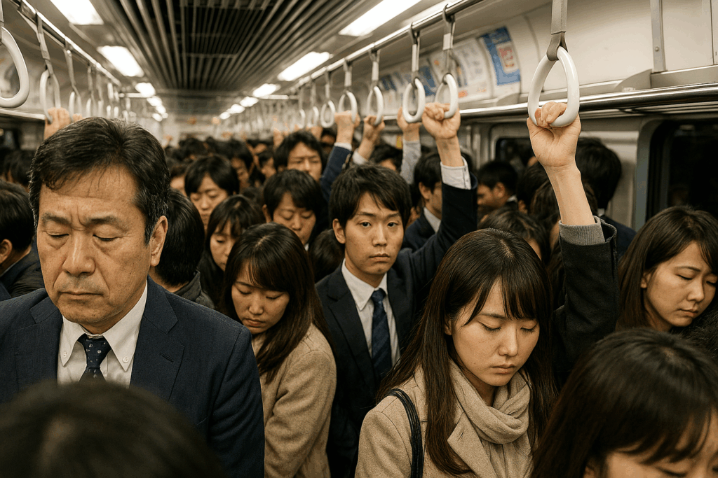 朝のラッシュで極度に混雑し、体が押し付け合っている日本人通勤者の電車内風景