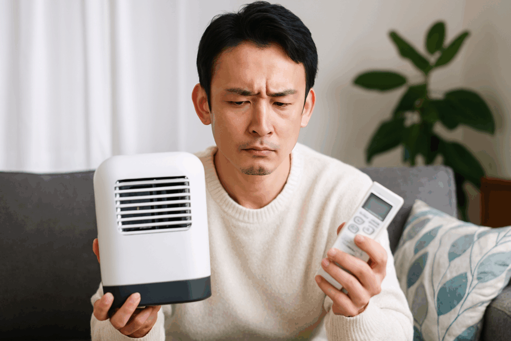 冬の日本のリビングでエアコンを使用して部屋全体を暖めている様子。家族が快適に過ごしている。