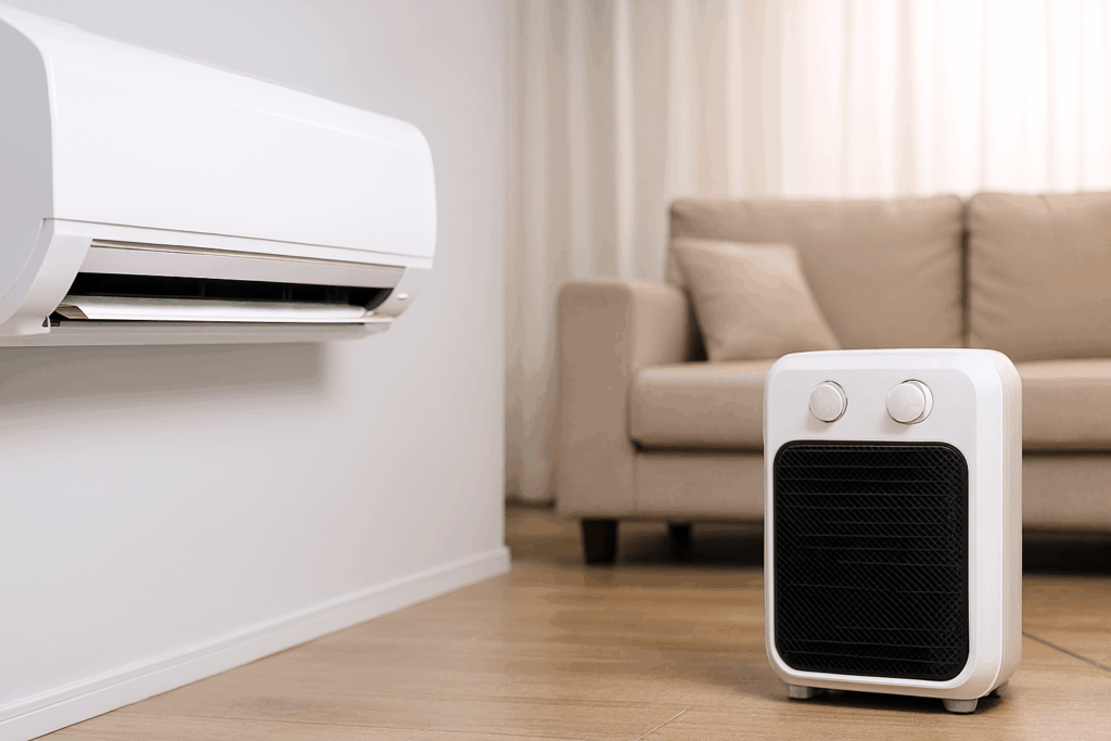 デスクワーク中に足元をセラミックヒーターで暖め、背景でエアコンも稼働しているハイブリッド暖房の様子。