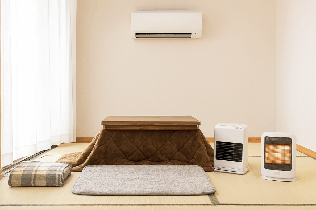 電気毛布、こたつ、ホットカーペット、エアコン、石油ファンヒーター、セラミックヒーターが並んだ日本の室内での暖房器具比較イメージ。