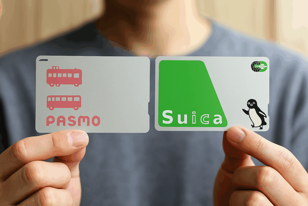 日本人男性がテーブルでPASMOとSuicaを並べて比較しているシーン