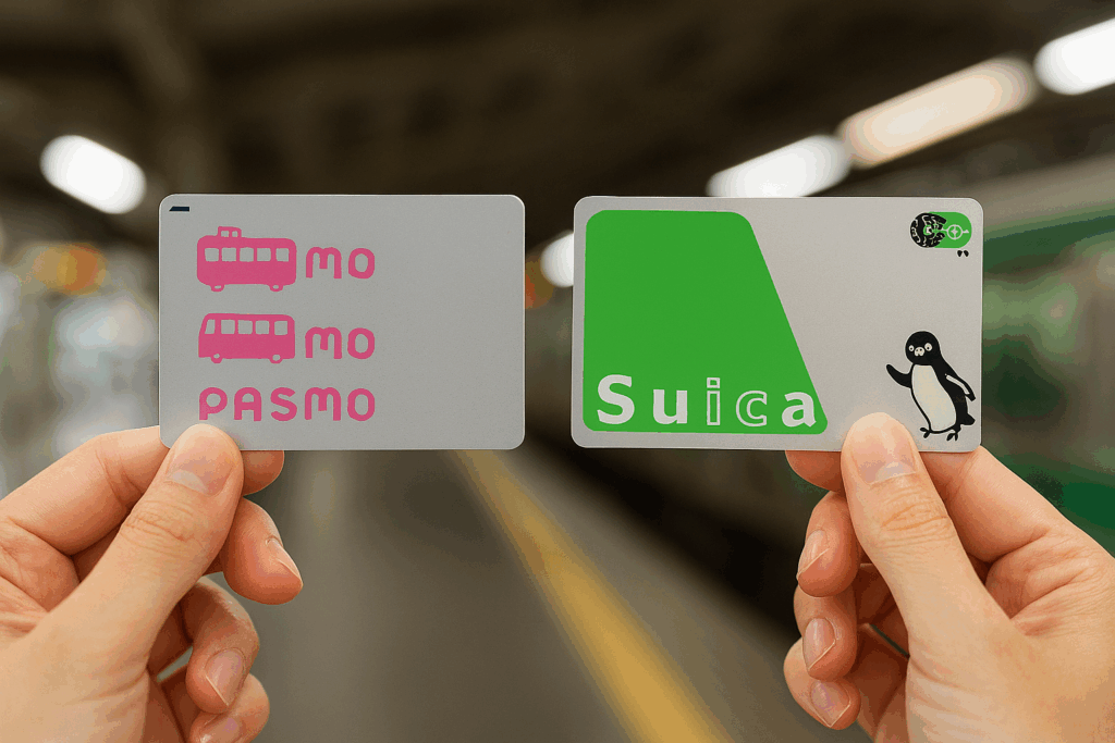 日本人男性が駅でクレジットカードを持ちオートチャージを利用しているシーン