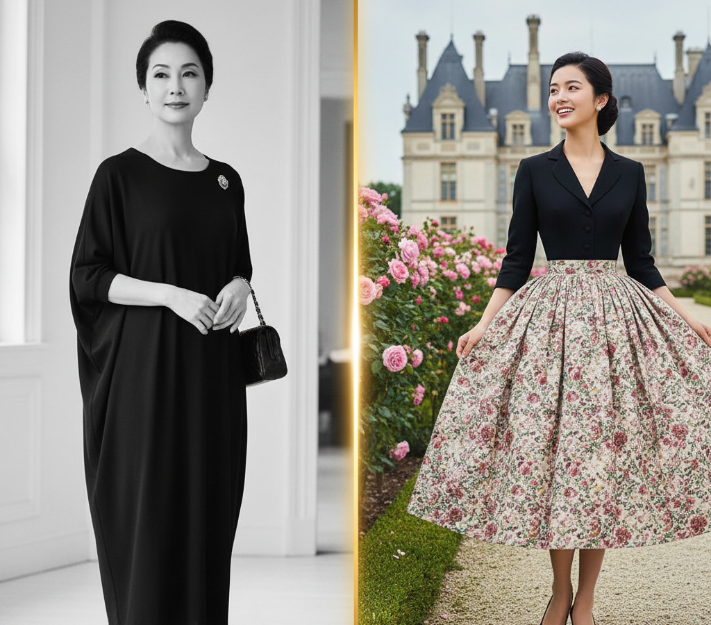 シャネルの自立したスタイルとディオールのニュールックを対比させた歴史的なファッションイメージ