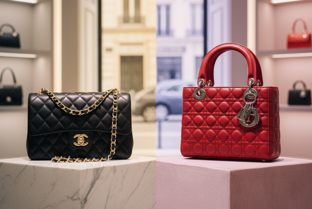 シャネルのマトラッセとディオールのレディディオールを並べたアイコンバッグの比較