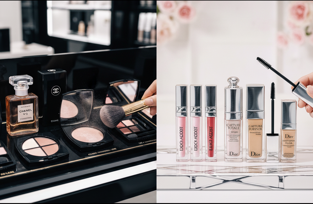 シャネルとディオールのコスメ製品のパッケージや質感を比較したクローズアップ