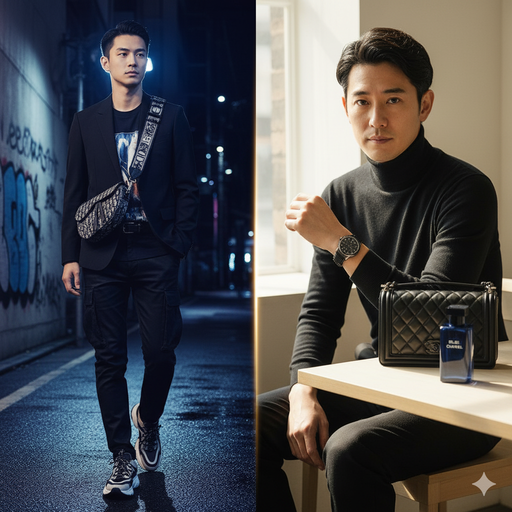ディオールメンズのストリート系エレガンスとシャネルのユニセックスアイテムを取り入れた男性の比較