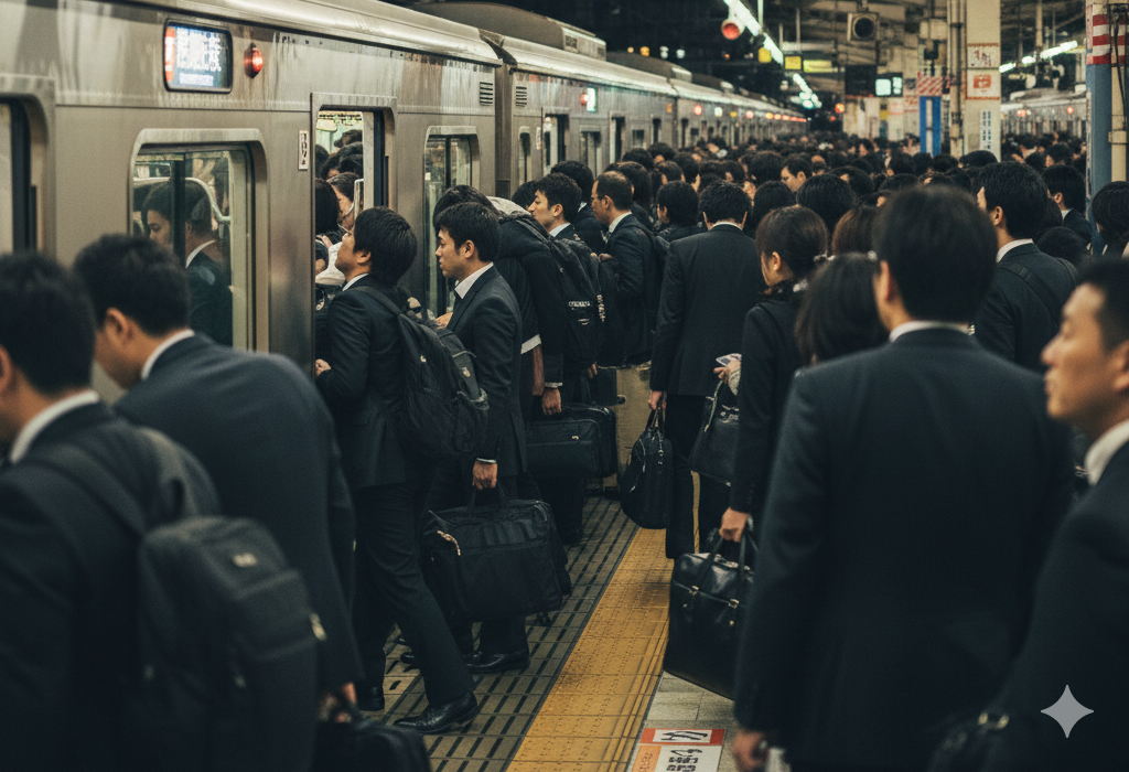 夕方の帰宅ラッシュ時、新宿駅ホームで混雑した電車に乗り込もうとするたち