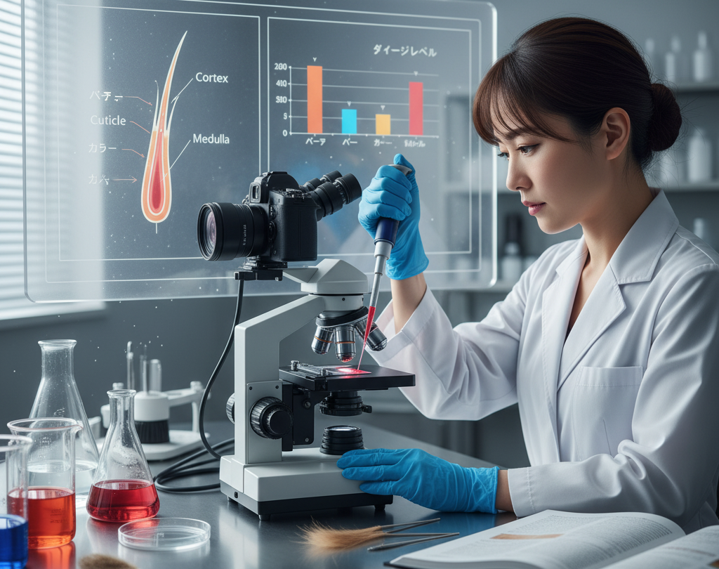 顕微鏡とピペットを使って髪の毛のサンプルを分析する日本人研究者。ホログラフィックディスプレイには髪の構造とダメージレベルのグラフが表示されている。