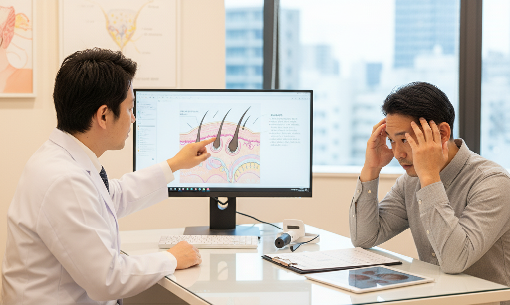 クリニックで医師がモニターを使って薄毛のメカニズムを日本人男性患者に説明している。患者は心配そうな表情で頭を抱えている。