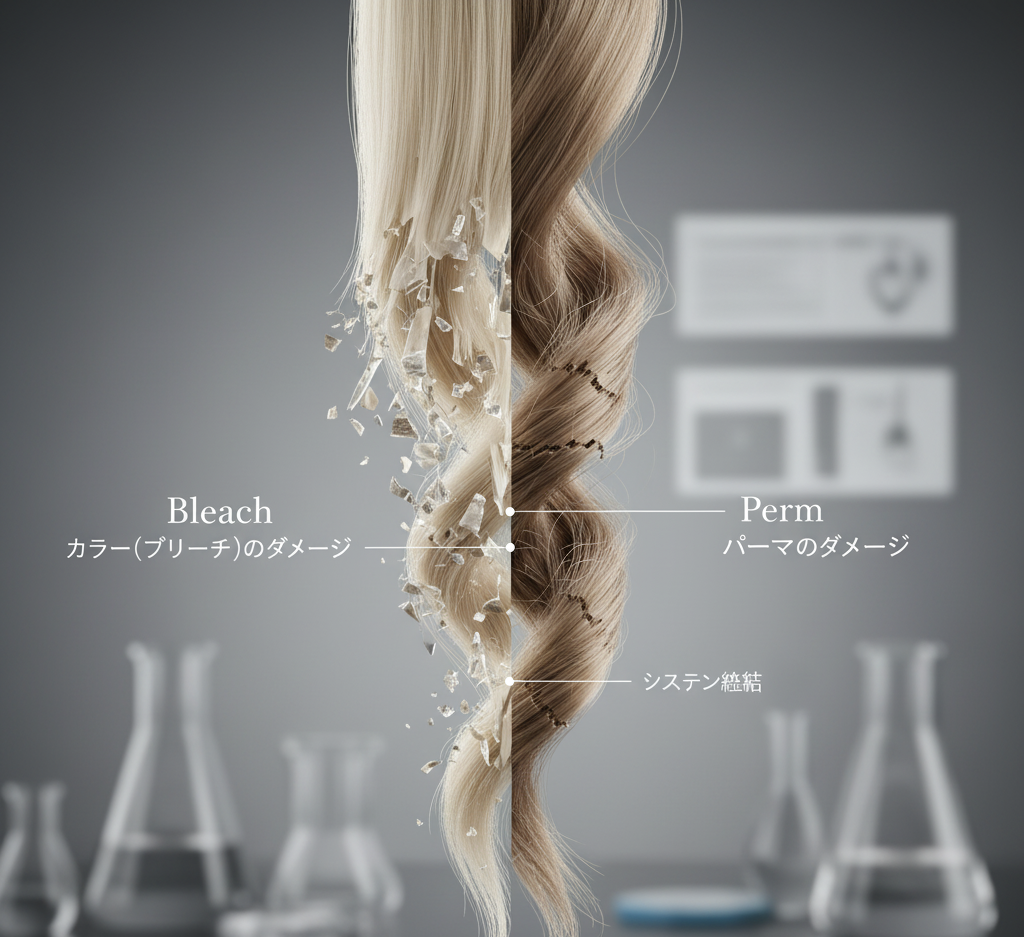 半分に分かれた髪の毛の断面図。左側はブリーチによるダメージで砕けた髪、右側はパーマによるダメージでシスチン結合が切れた髪を表す。