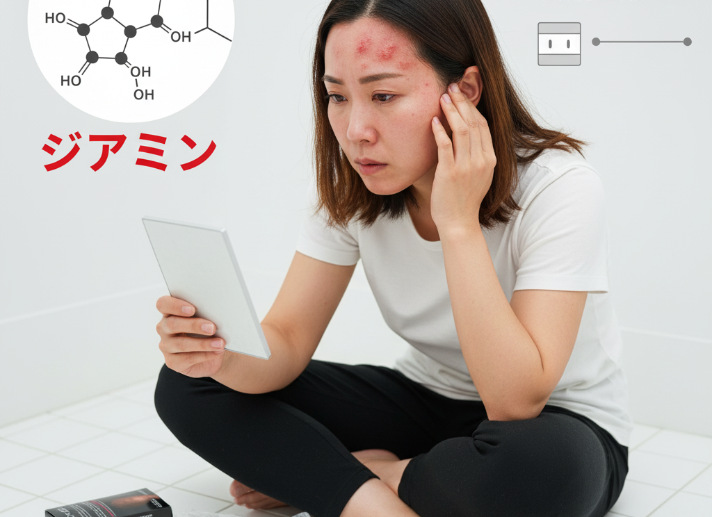 顔に赤みとかゆみが出ている日本人女性が、ヘアカラー剤の箱を前にジアミンアレルギーの症状について調べている。画面にはジアミンの化学構造式が表示されている。