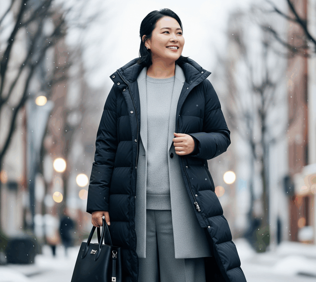 ぽっちゃり日本人女性の着痩せダウンコーデ。ダークネイビーのロングダウンの前を開け、インナーをライトグレーのワントーンで統一することで、縦長のIラインを作り出しスリムに見せている。