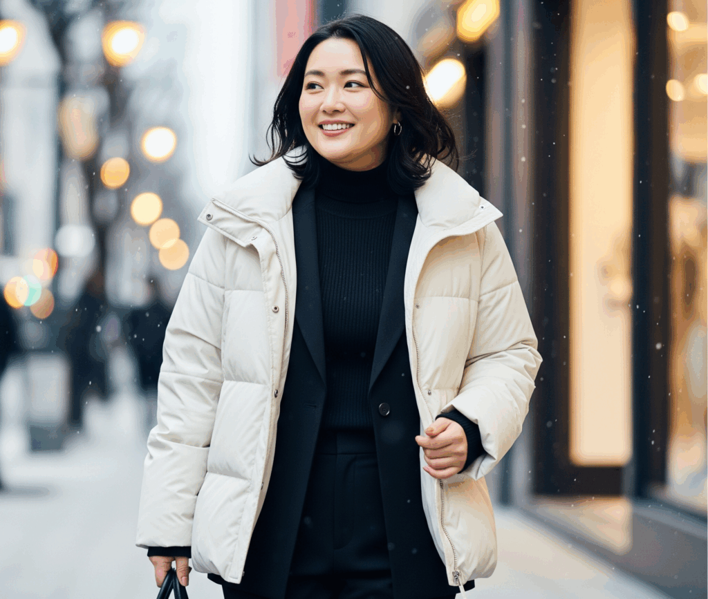 ぽっちゃり日本人女性による明るい色のダウンジャケットコーデ。膨張して見えがちなアイボリーのダウンに対し、インナーを上下黒（ブラック）で統一して引き締めることで、メリハリのある着痩せスタイルを実現している。