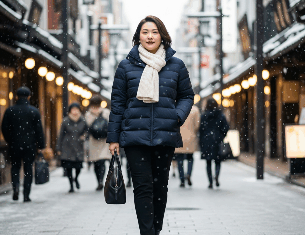 ぽっちゃり日本人女性による明るい色のダウンジャケットコーデ。膨張して見えがちなアイボリーのダウンに対し、インナーを上下黒（ブラック）で統一して引き締めることで、メリハリのある着痩せスタイルを実現している。