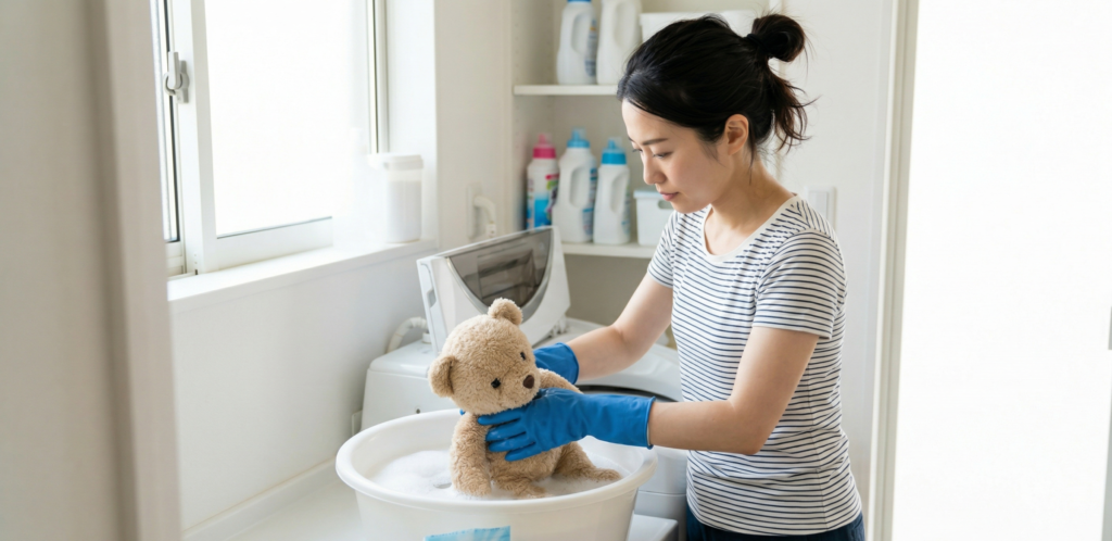 ぬいぐるみのオキシ漬けでダニを洗う際の手順