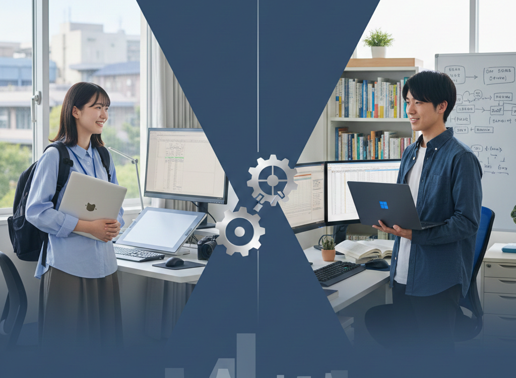 ・抽出した以下の見出しに適した画像を（連続で）生成してください。 ●テキストや文字、ロゴなどは一切いれないこと。 ●人物画像は日本人にすること。 macとwindowsどっちがいい？大学生のPC選び完全ガイド2026